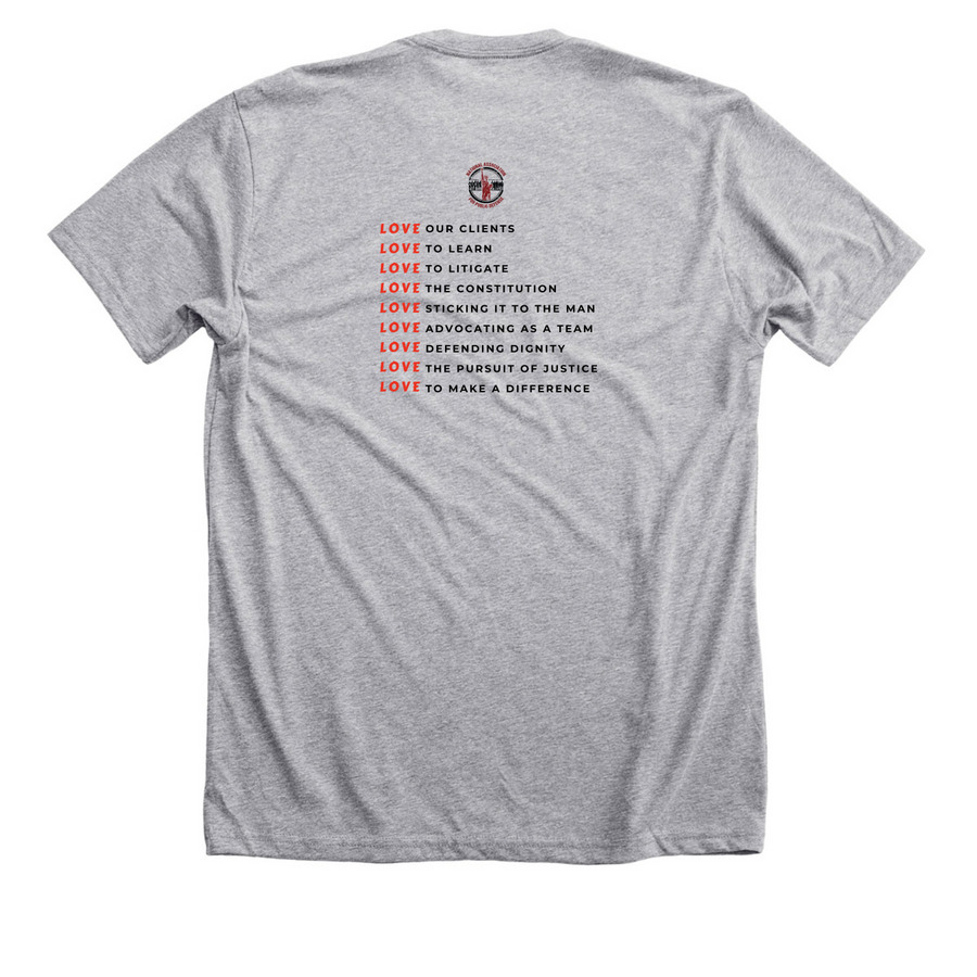 Public Defense is for Lovers, a Athletic Heather Premium Unisex Tee (back-view)