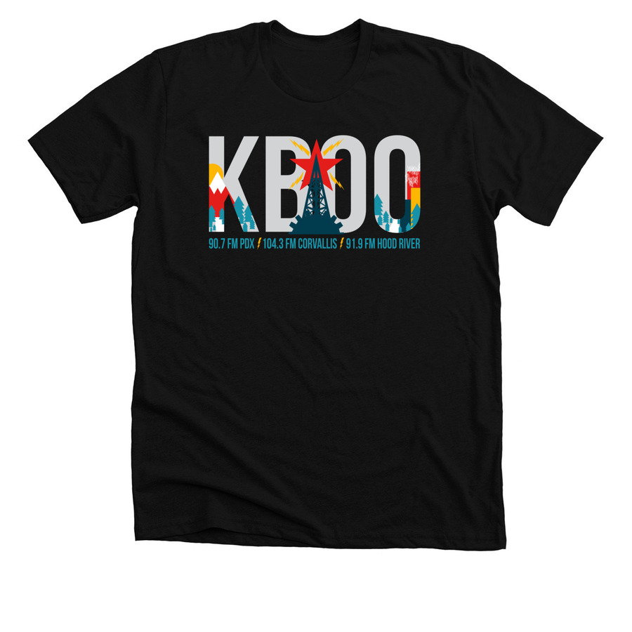 KBOO T-shirt: Deco Logo, a Solid Black Blend Premium Unisex Tee