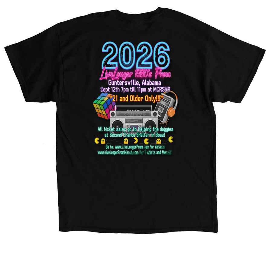 LiveLonger 1980's Prom Tee, a Black Classic Unisex Tee (back-view)