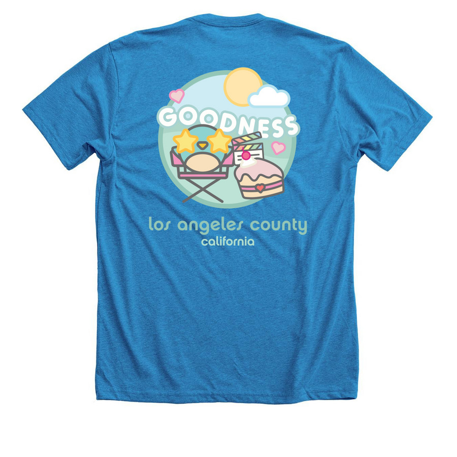 Spread Love, Joy, & Frosting in LA!, a Neon Blue Premium Unisex Tee (back-view)