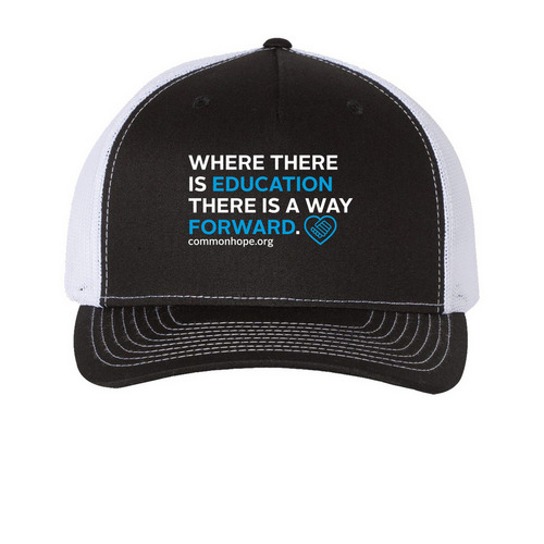 Where There is Education Hat, a Black/ White Printed Five-Panel Trucker Cap