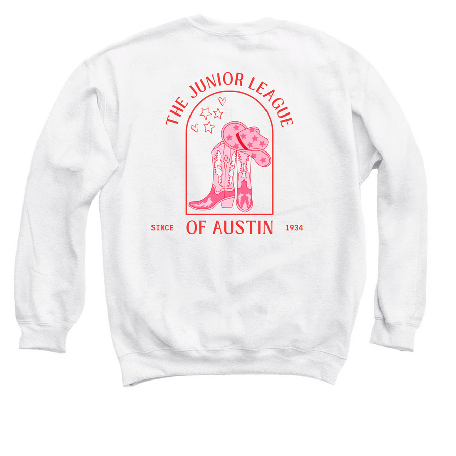 JLA Boots + Hat, a White Crewneck Sweatshirt (back-view)