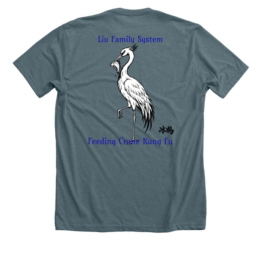 Feeding Crane Shirts, a Heather Slate Premium Unisex Tee (back-view)