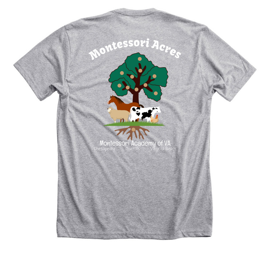 Original Montessori Acres, a Athletic Heather Premium Unisex Tee (back-view)