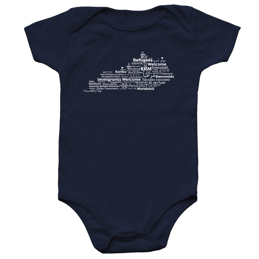 Refugees Welcome Onesie, a Navy Infant Onesie