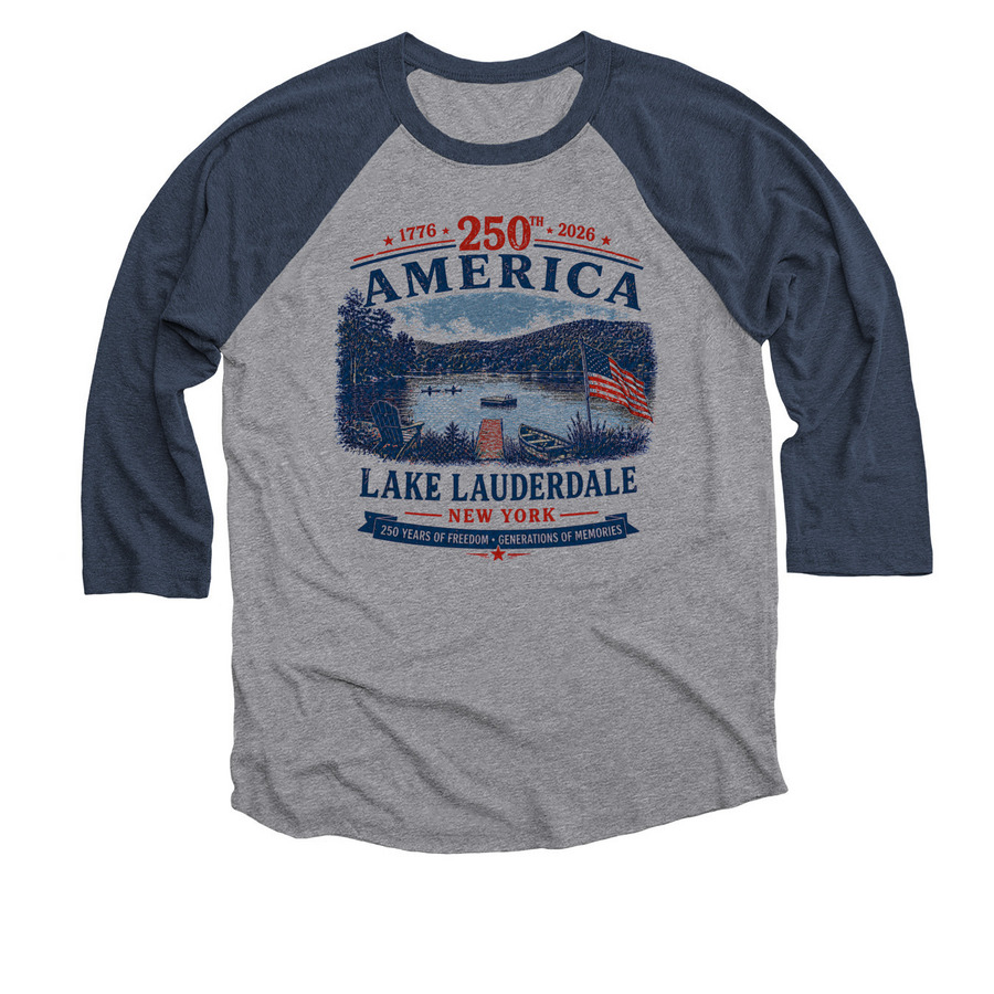 America 250 on Lake Lauderdale, a Vintage Navy and Premium Heather 3/4 Sleeve Baseball Tee
