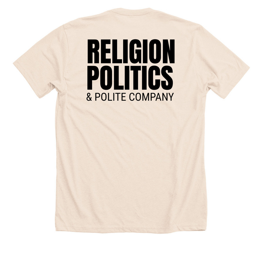 RNA 75 Religion Politics & Polite Company, a Heather Soft Cream Premium Unisex Tee (back-view)