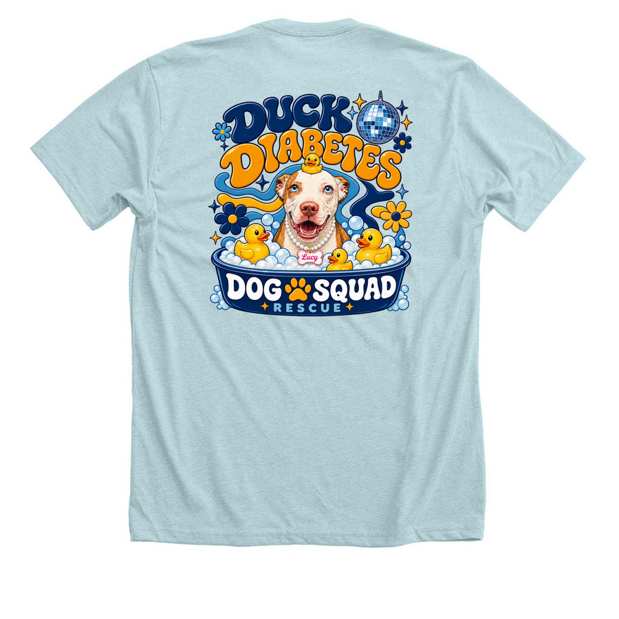 Duck Diabetes, a Heather Ice Blue Premium Unisex Tee (back-view)