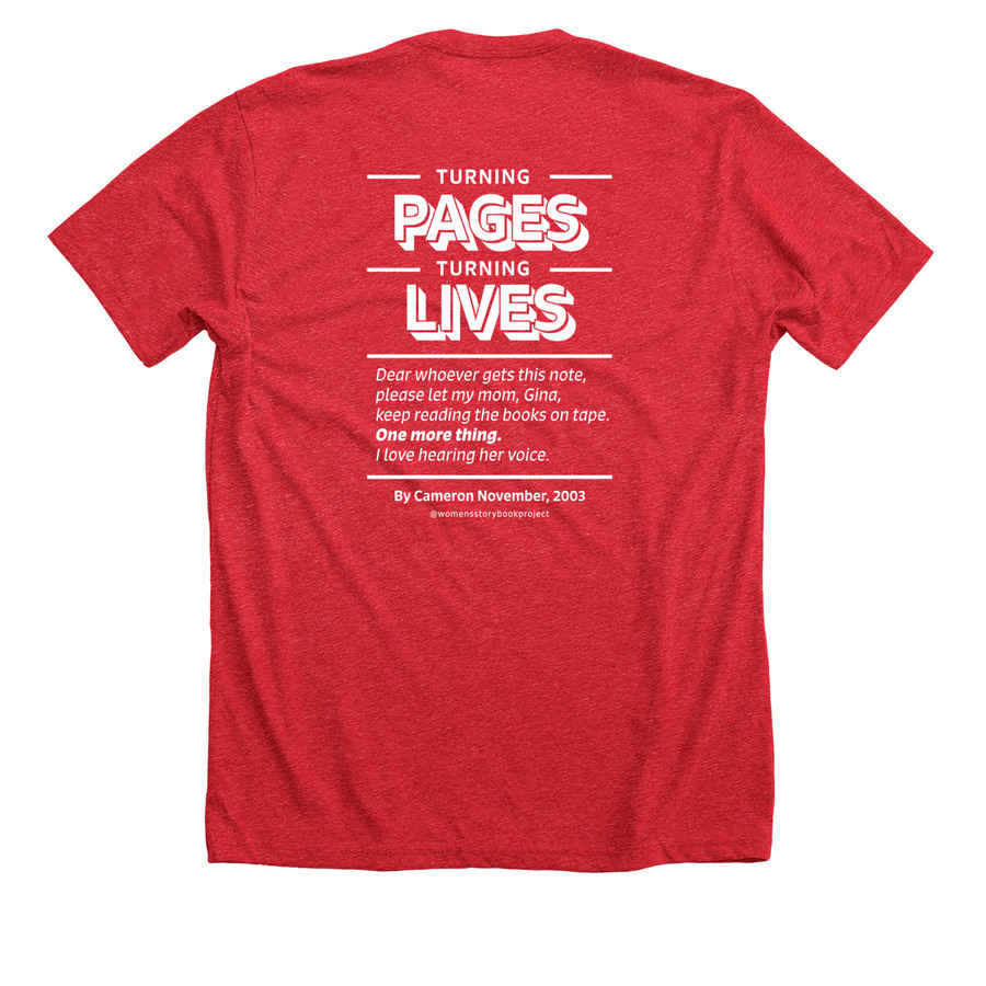 Turning Pages, Turning Lives (white design), a Heather Red Premium Unisex Tee (back-view)