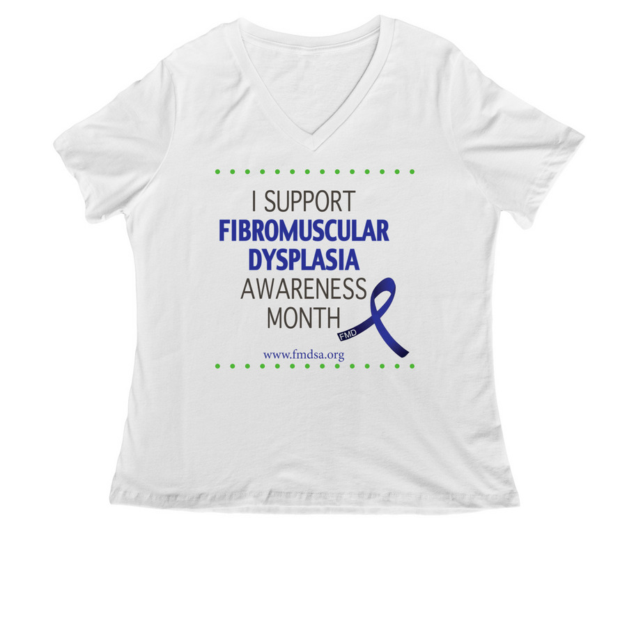 May is FMD Awareness Month, a White Women's Relaxed V-Neck Tee