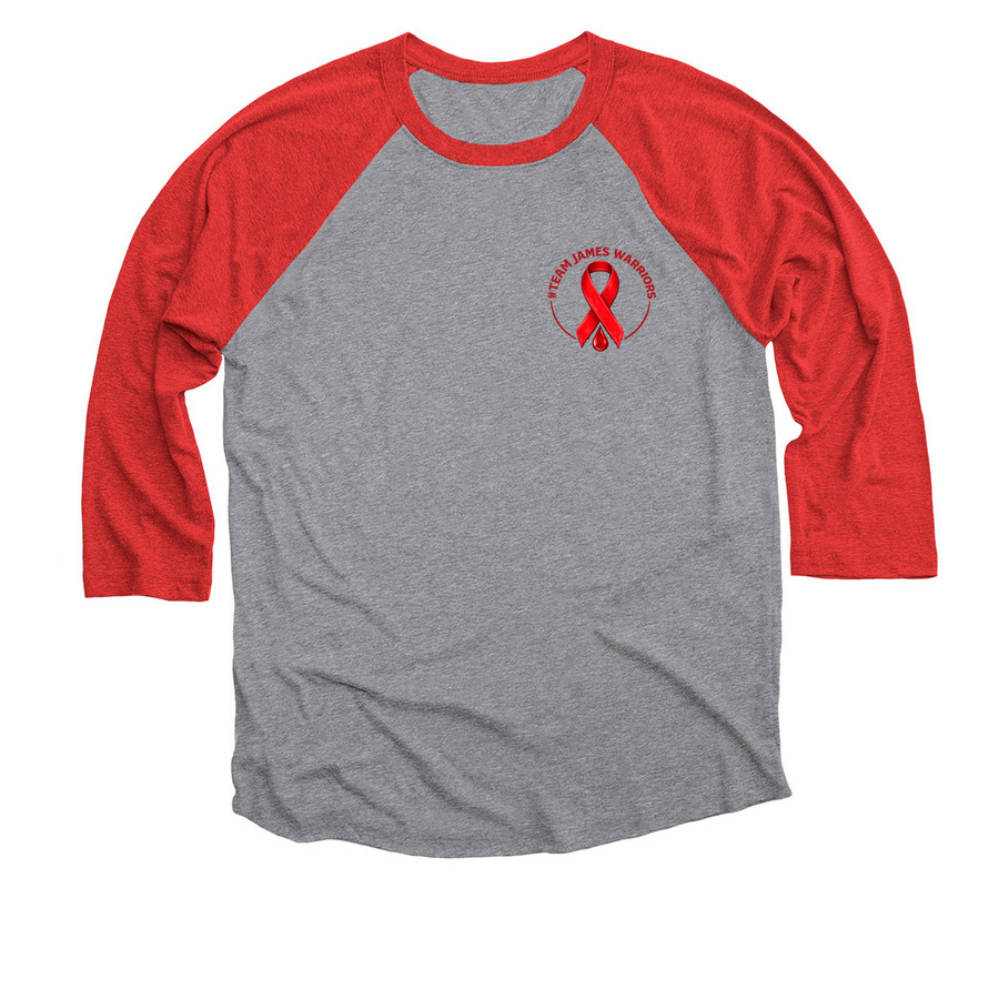The James Warriors, a Red and Premium Heather 3/4 Sleeve Baseball Tee