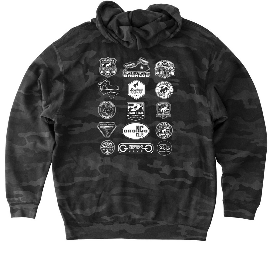 The Feud x Bronco Clubs, a Black Camo Heavyweight Camo Pullover Hoodie (back-view)