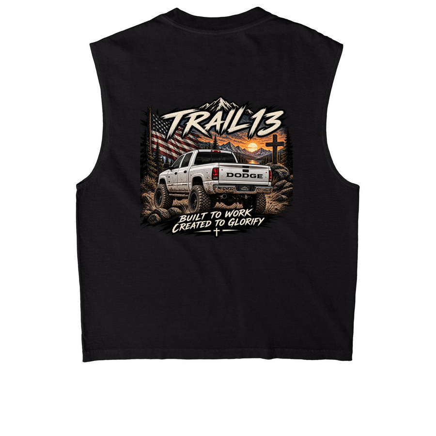 Premium dodge muscle shirt, a True Black Heavyweight Garment Dye Muscle Tee (back-view)
