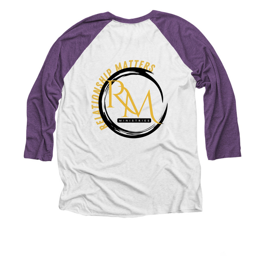 We're Still About That Life, a Purple Rush and Heather White 3/4 Sleeve Baseball Tee (back-view)