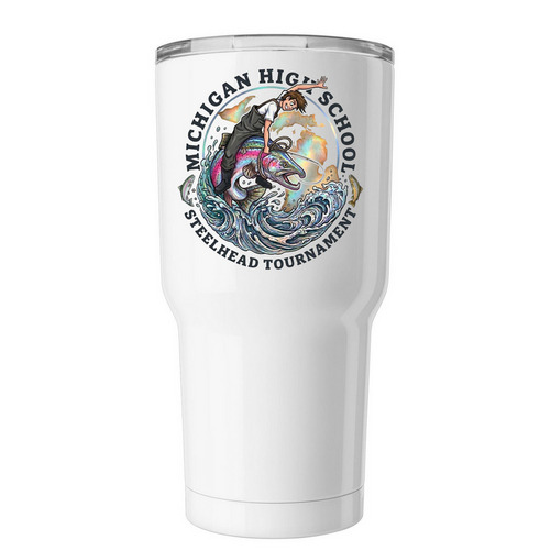 Michigan High School Steelhead Tournament - M, a White Insulated Tumbler