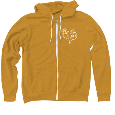 "Garden" in many languages zip up hoodie, a Heather Mustard Zip Up Hoodie