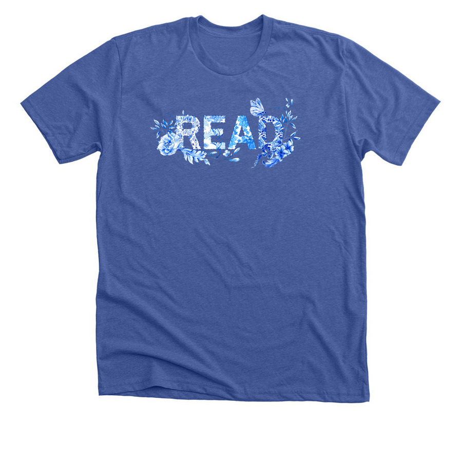 READ, blue & white floral, a Solid True Royal Premium Unisex Tee