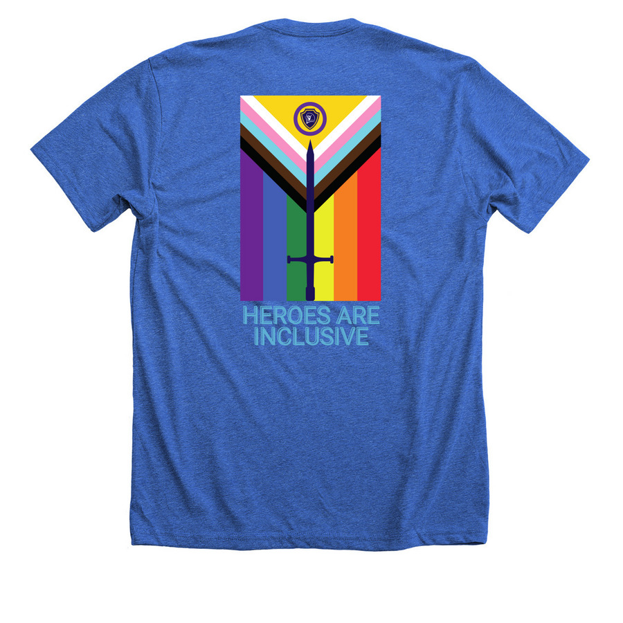 Pride 2023 - All Heroes Are Welcome, a Heather True Royal Premium Unisex Tee (back-view)