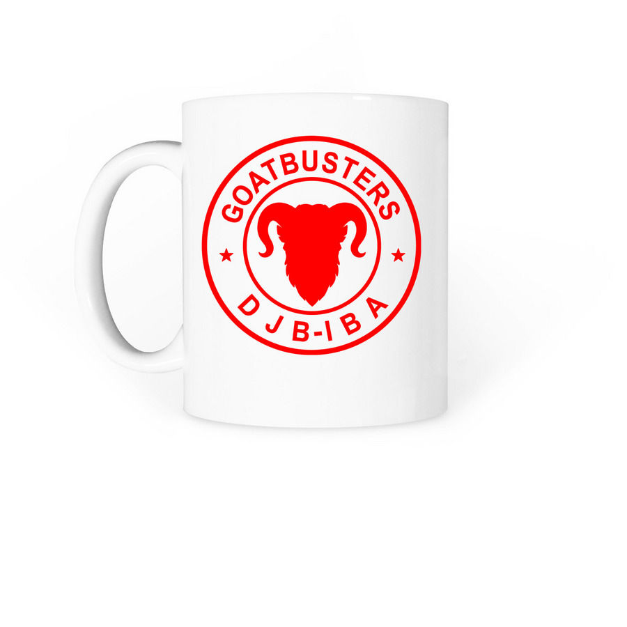 Goatbusters Coffee Mug, a White Coffee Mug (back-view)