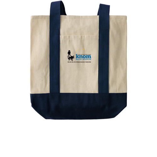 KNOM Radio Mission, a Natural/Navy Two-Tone Grocery Tote Bag