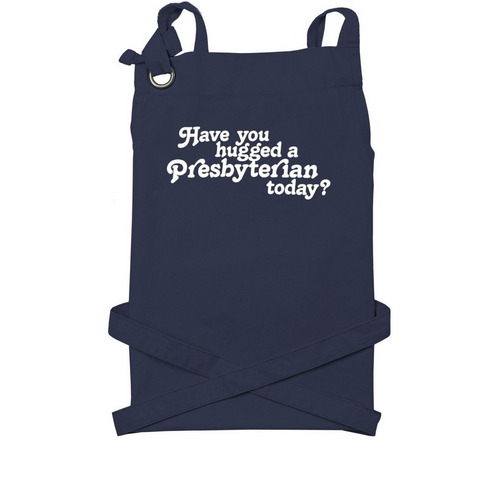 "Have You Hugged a Presbyterian Today?" Apron, a Navy Cotton Canvas Pocket Apron