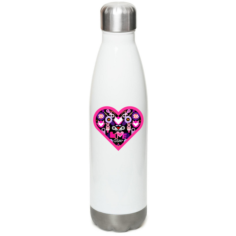 Luv Bottle, a White Stainless Steel Water Bottle (back-view)