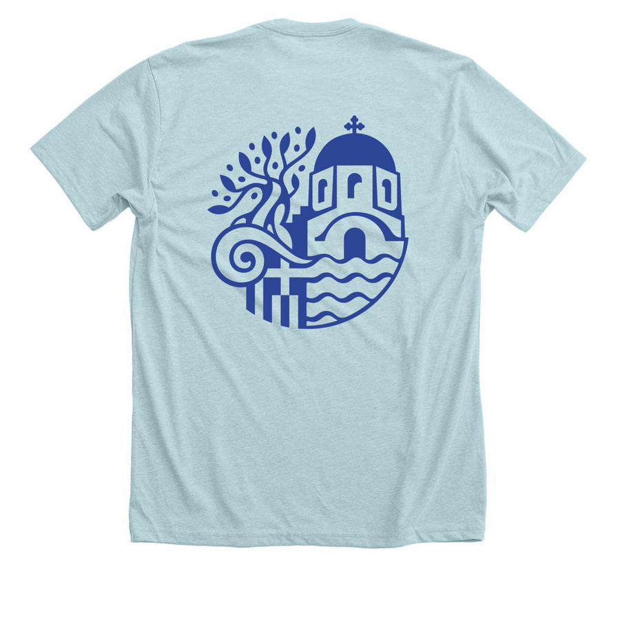 Hellenic Tee, a Heather Ice Blue Premium Unisex Tee (back-view)