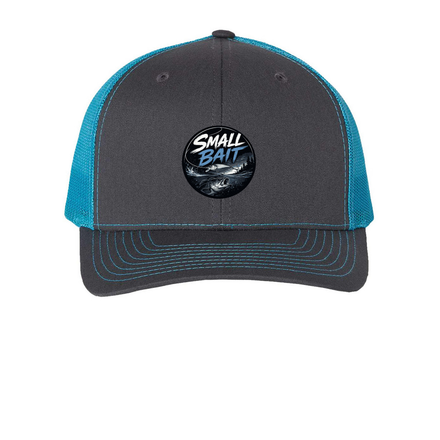 Small Bait Trucker Hat, a Charcoal/ Neon Blue Printed Snapback Trucker Cap