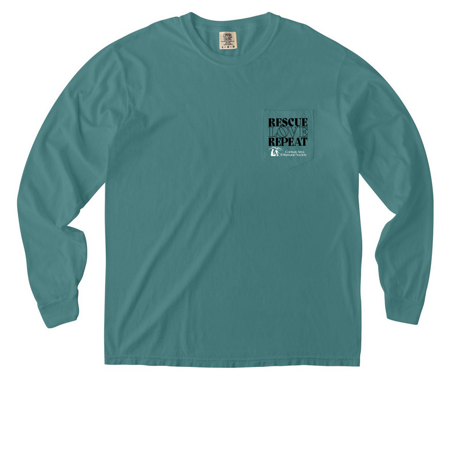 Rescue Love Repeat, a Seafoam Comfort Colors Long Sleeve Pocket Tee