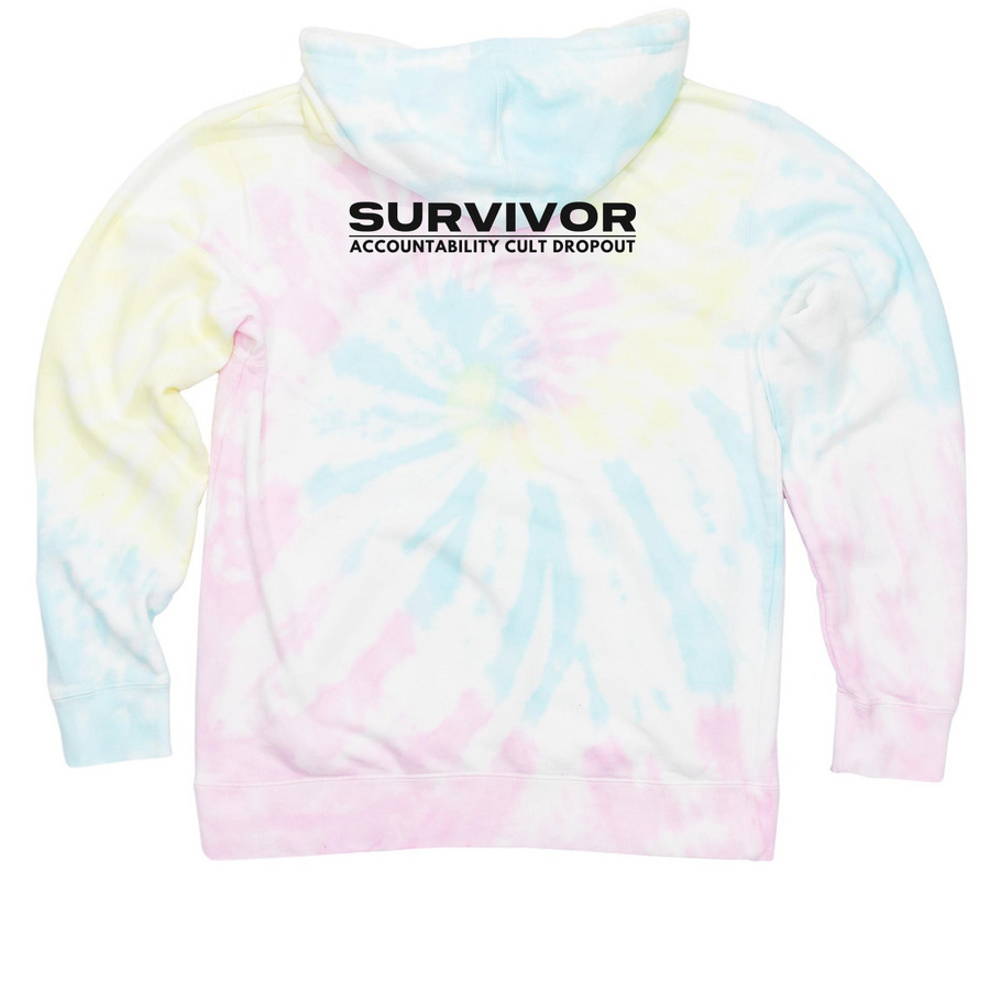 "Accountability Cult Dropout" (BLACK), a Sunset Swirl Tie Dye Pullover Hoodie (back-view)