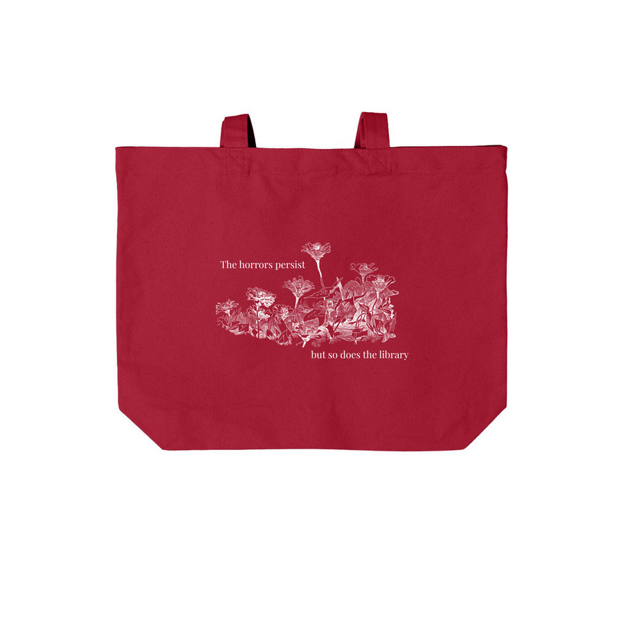 The Horrors Persist Tote, a Deep Red Cotton Canvas Tote Bag