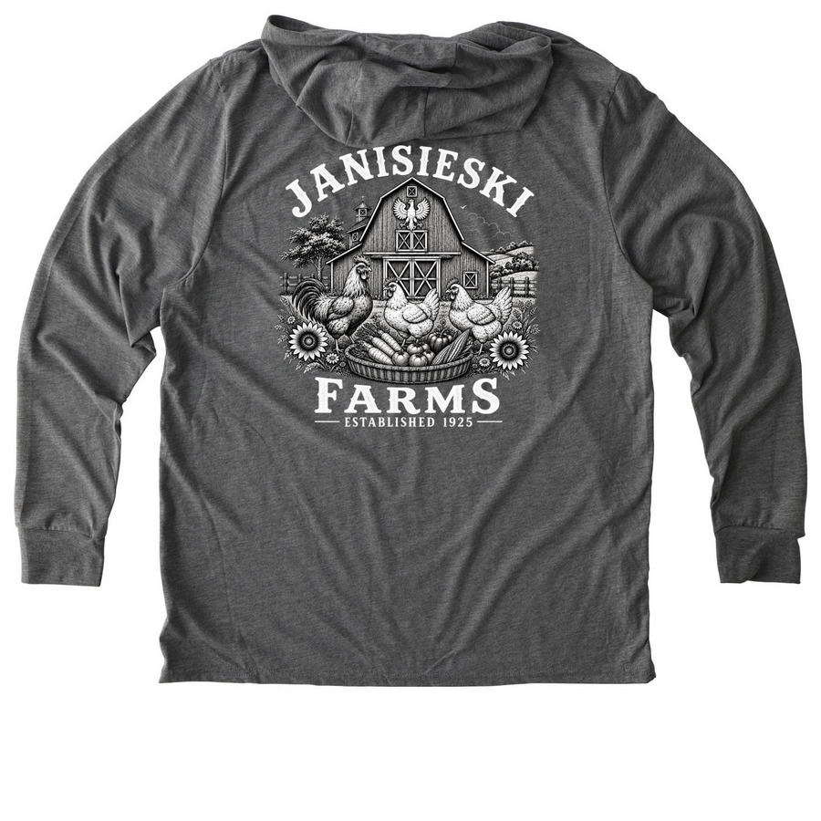 Janisieski Farms Merch Design #2, a Aluminum Grey Allmade Eco Triblend Hoodie Tee (back-view)
