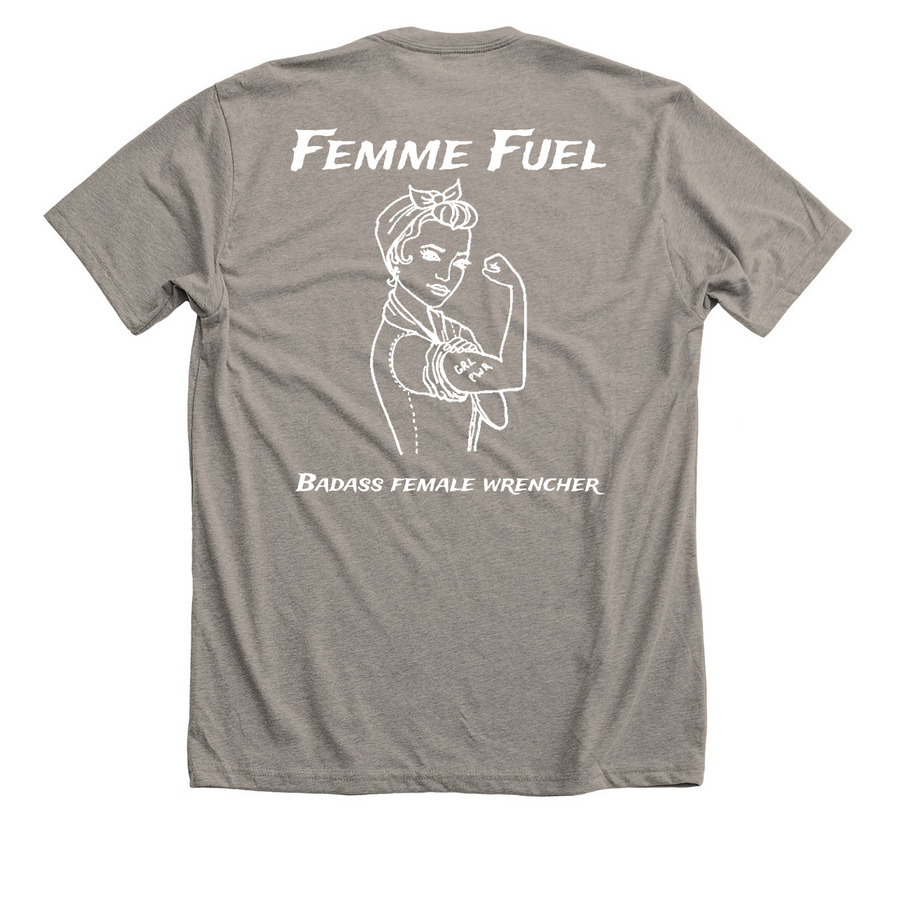 Femme Fuel&nbsp;, a Heather Stone Premium Unisex Tee (back-view)