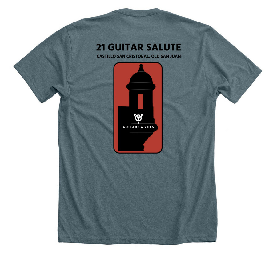 21 Guitar Salute - Puerto Rico, a Heather Slate Premium Unisex Tee (back-view)