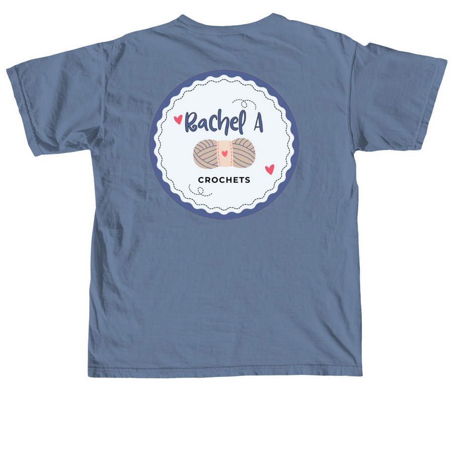 Rachel A Crochet Logo, a Blue Jean Comfort Colors Unisex Tee (back-view)