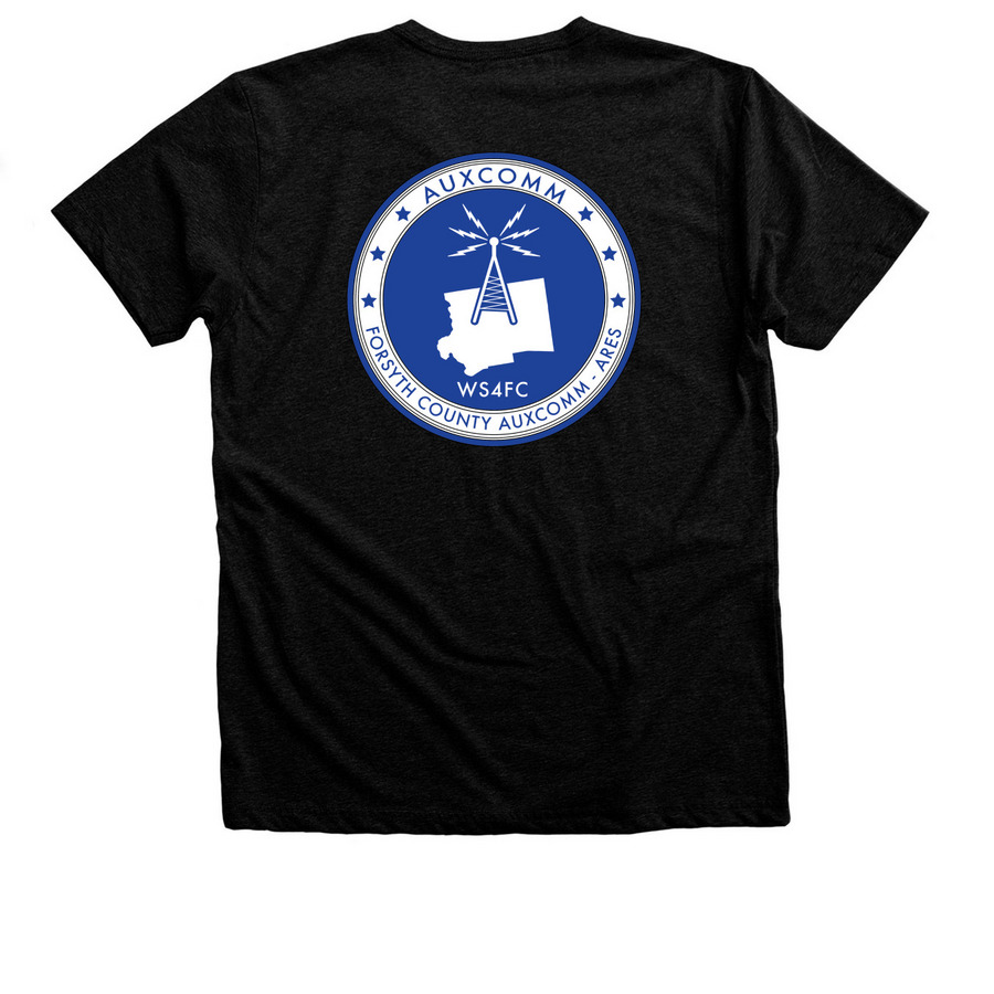 Forsyth County AuxComm-ARES, a Black Heather Premium Unisex Tee (back-view)