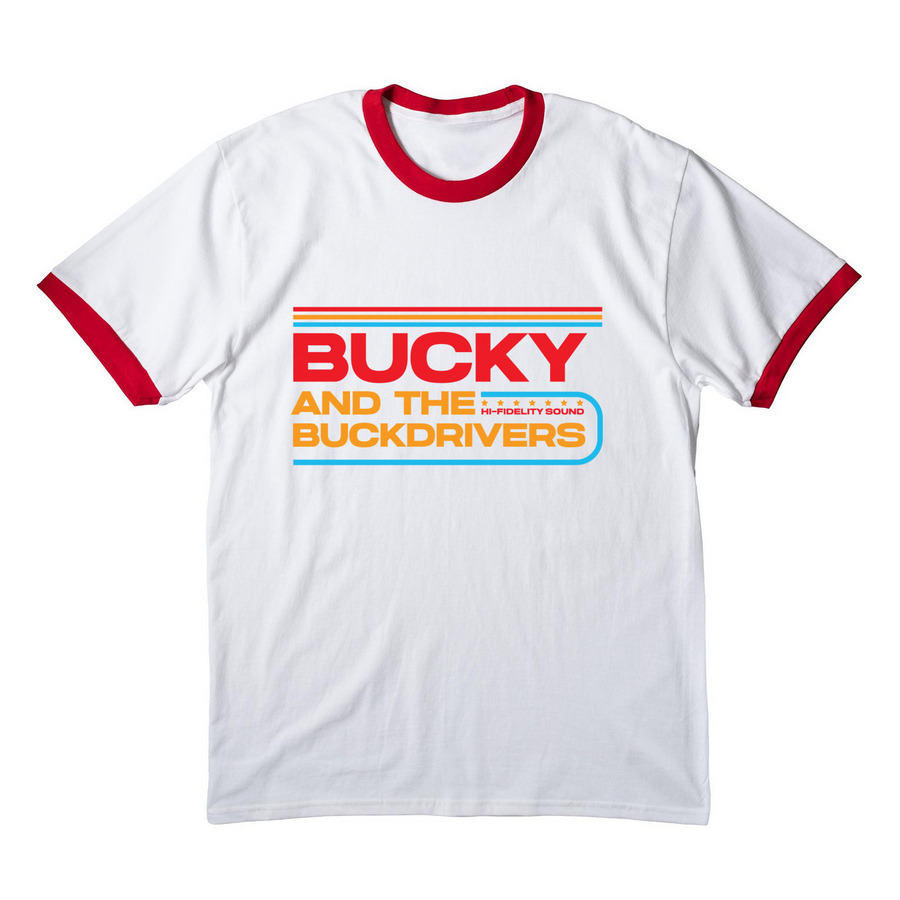 Bucky Logo Shirts, a White/ Red Cotton Ringer Tee