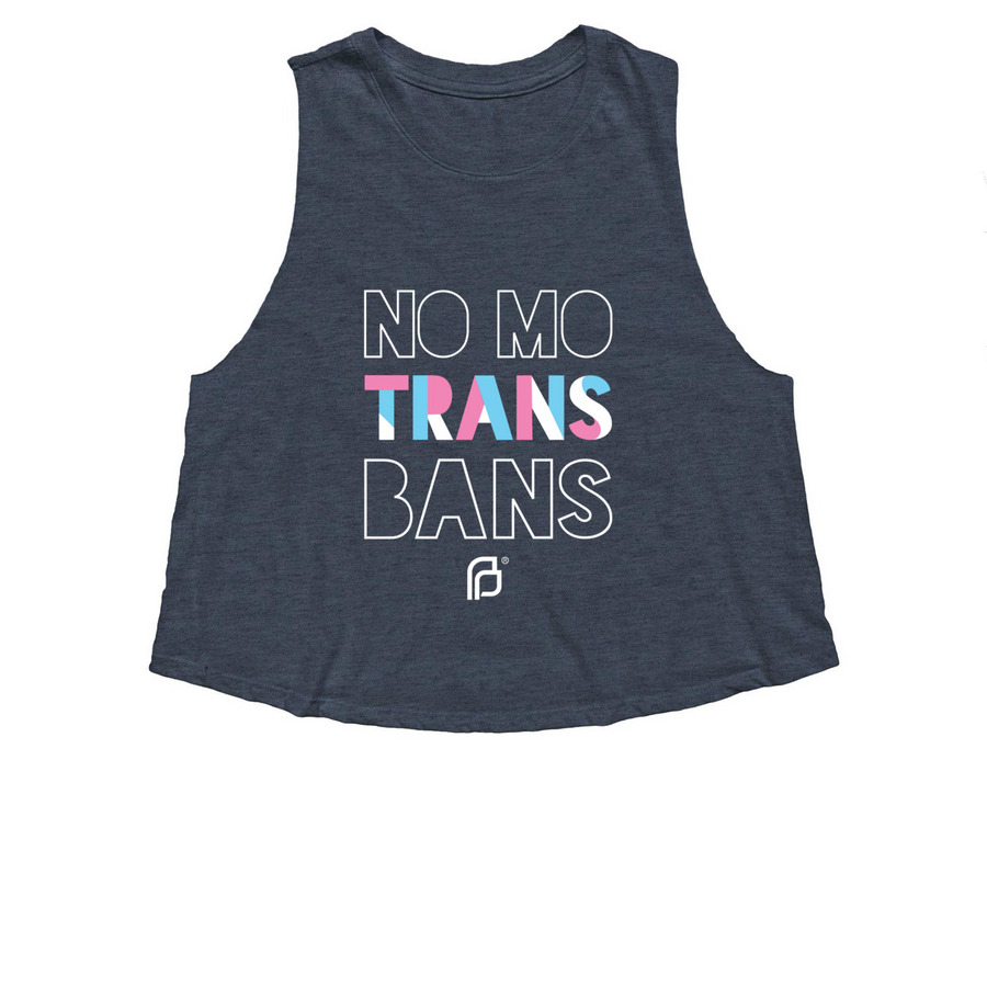 No MO Trans Bans, a Heather Navy Women's Cropped Racerback Tank