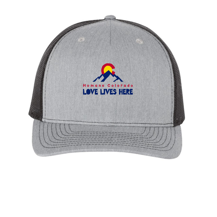 Love Lives Here, a Heather Grey/ Black Printed Five-Panel Trucker Cap