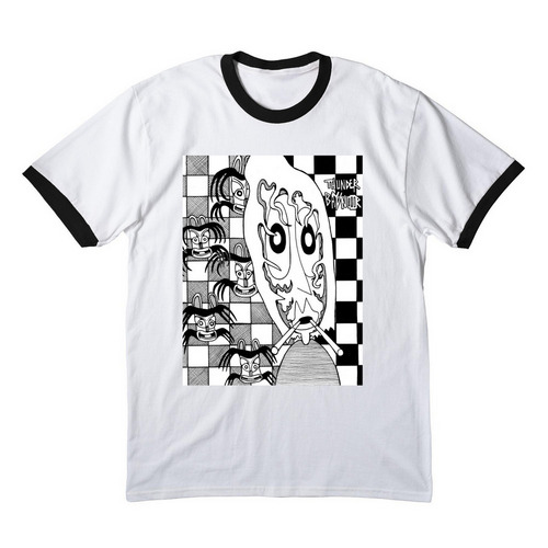 Checkered Chesh {T.B.N.}, a White/ Jet Black Cotton Ringer Tee