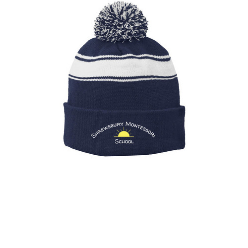 Winter SMS Hat, a True Navy/ White Printed Stripe Pom-Pom Beanie