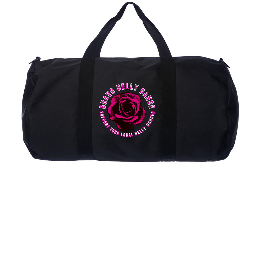Bravo Belly Dance | Duffel with Fuschia Logo, a Black Day Tripper Duffel Bag (back-view)