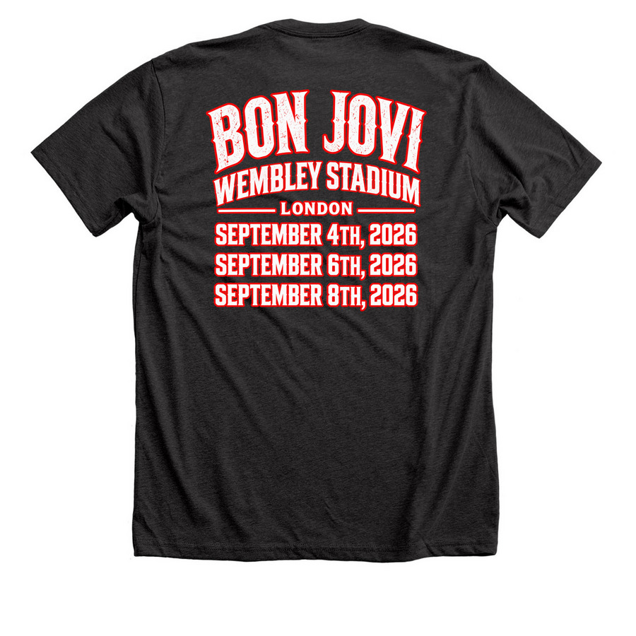 Bon Jovi Wembley Stadium London Forever Tour, a Dark Grey Heather Premium Unisex Tee (back-view)