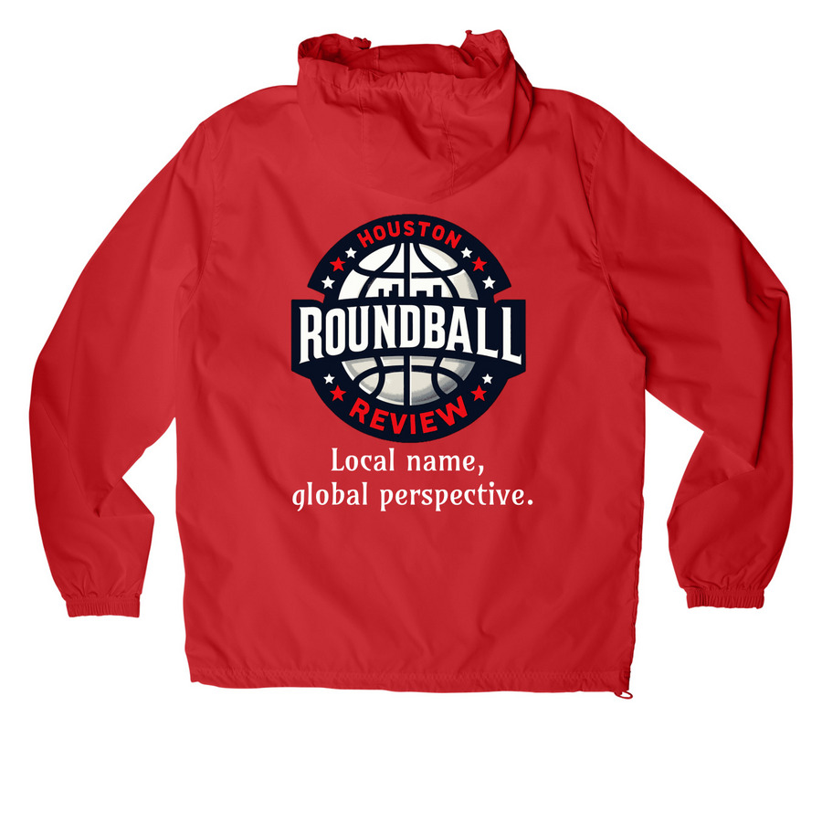 Houston Roundball Review jacket, a True Red Packable Anorak (back-view)