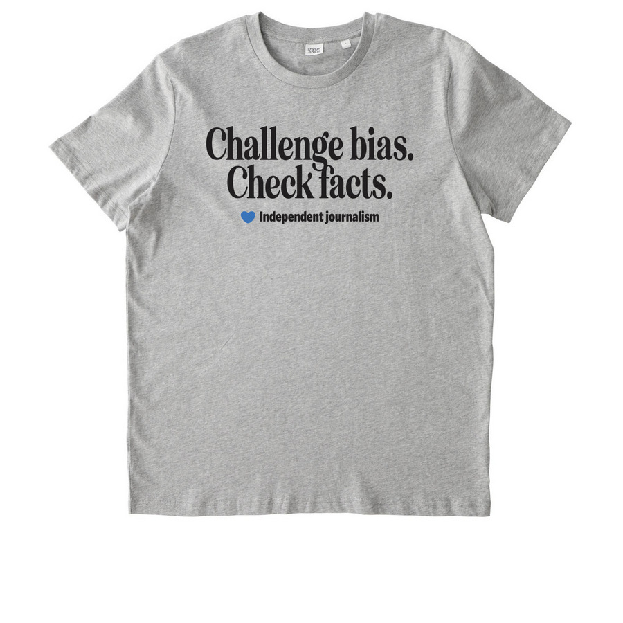 "Challenge bias. Check facts." tee, a Heather Grey Stanley/Stella Unisex Crafter Tee