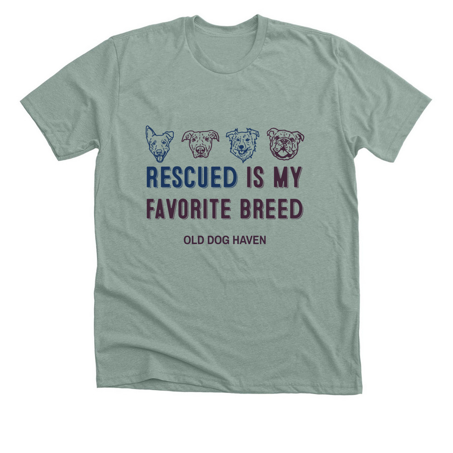 Rescued is my Favorite Breed, a Heather Sage Premium Unisex Tee