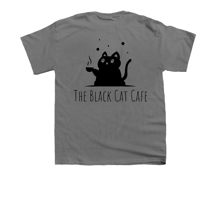 The Black Cat Cafe, a Charcoal Youth Unisex Tee (back-view)