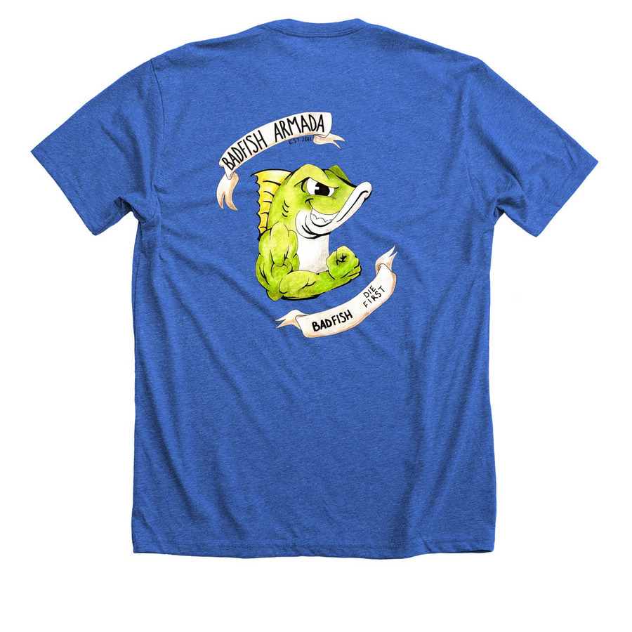 2023 BadFish Merch!, a Heather True Royal Premium Unisex Tee (back-view)