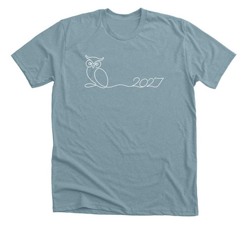 2027 Owl, a Heather Blue Lagoon Premium Unisex Tee