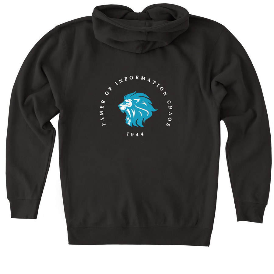 Tamer of Information Chaos Hoodie, a Black Heavyweight Zip Up Hoodie (back-view)